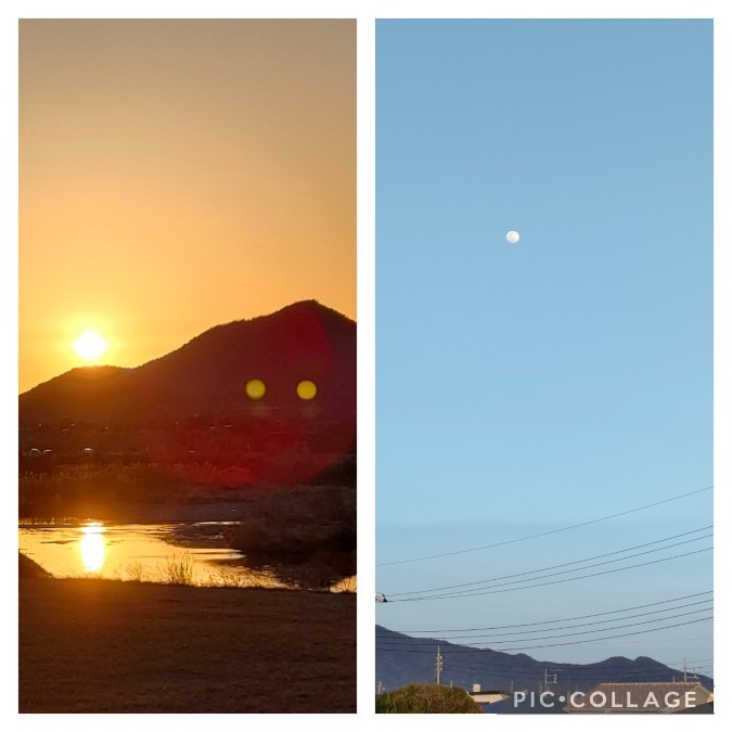 同じ時間の🈳☘️夕陽と月🌖