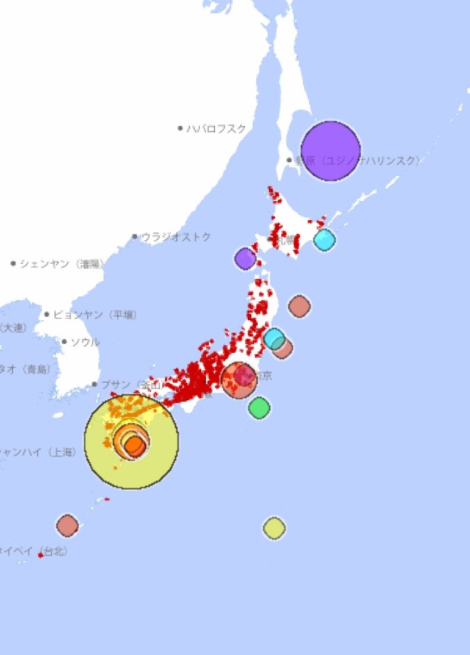 今朝の日本全体の地震発生上京